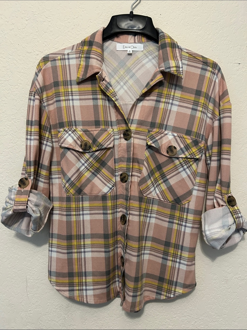 Eden & Olivia Pink Plaid Button-Front Shirt with Mustard Accents - Medium - Picture 2 of 9